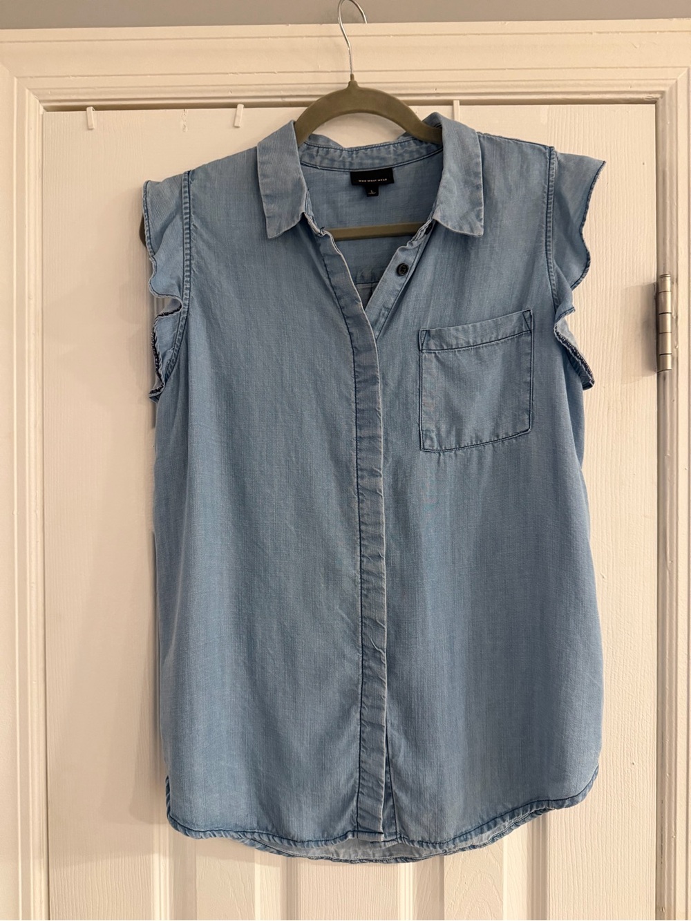 Who What Wear Lt. Blue Chambray Sleeveless  Button-Down Shirt w/ Ruffle Accents